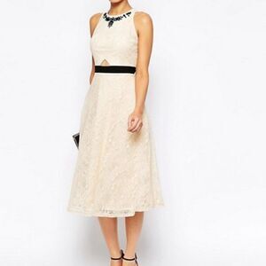 Little Mistress Ivory Lace Midi Dress Jewel Neck Tall